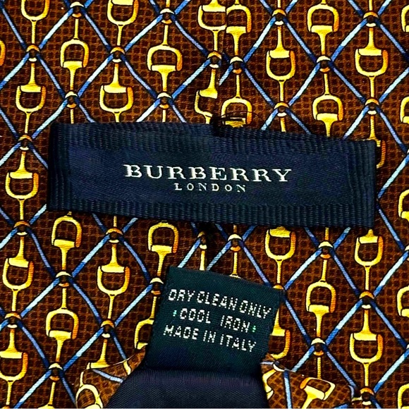 Burberry London Silk Tie Geometric Brown Gold Blue Made In Italy - Picture 8 of 9